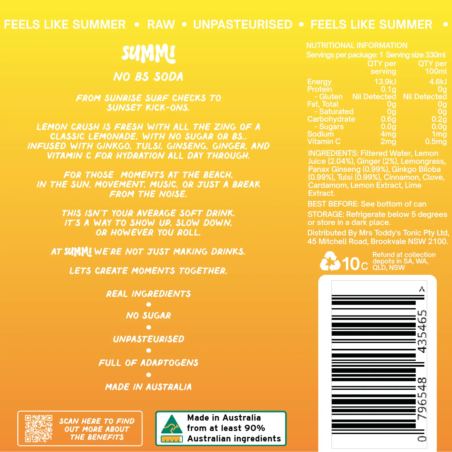 SUMMi Pine Lemon Crush Nutritional Information